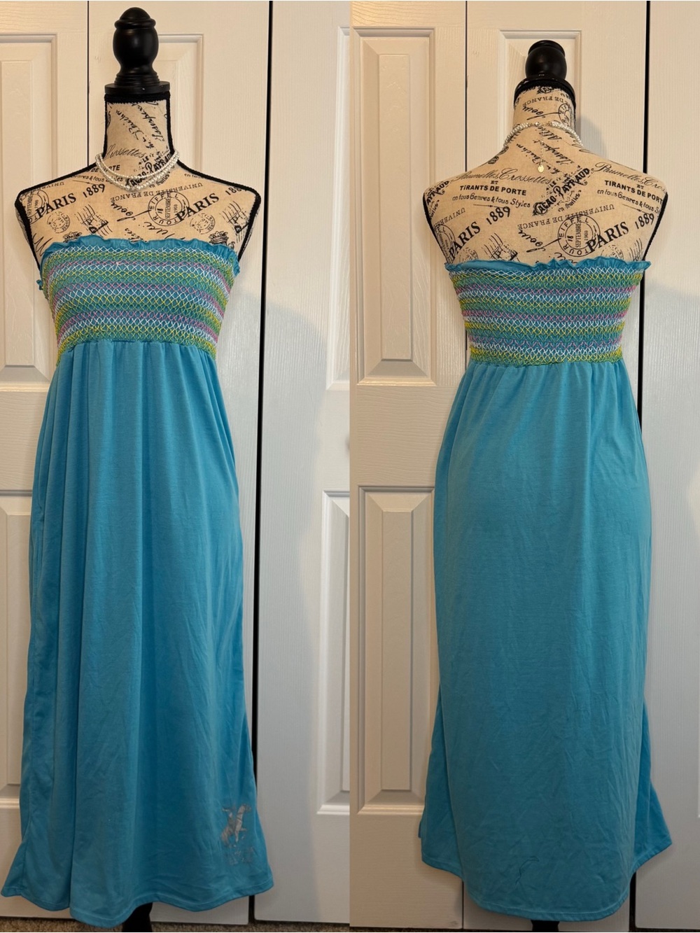 Strapless Turquoise Blue Maxi Dress with Smocked Bodice
